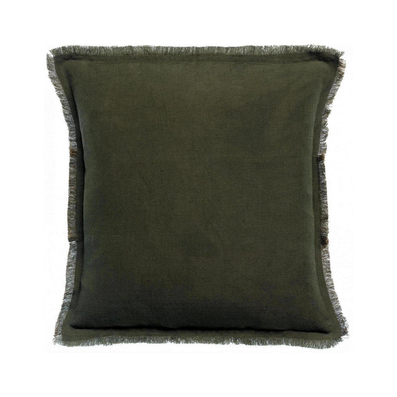 Dark Olive Fringed Cotton/Linen Cushion, 45 x 45 cm