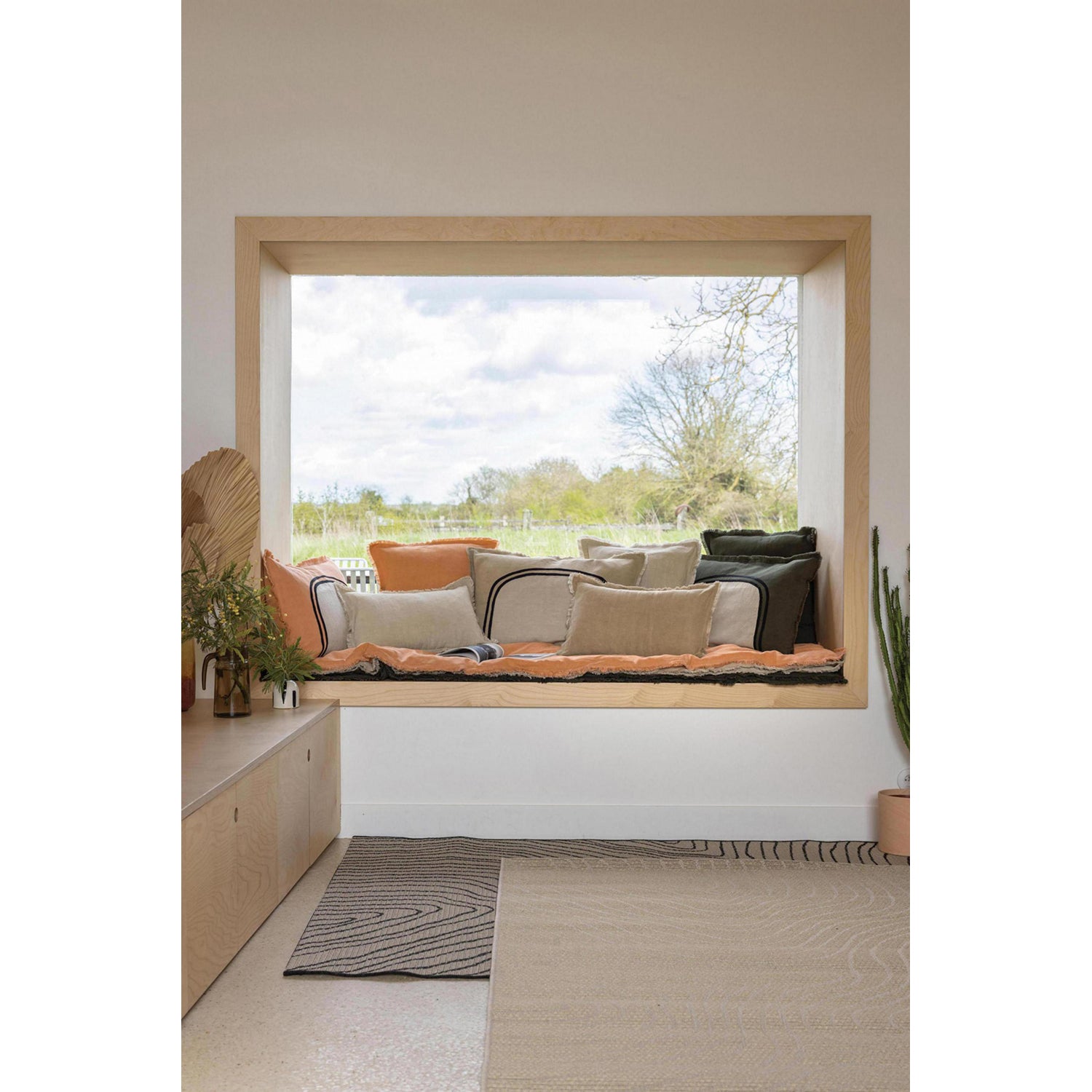 Dark Olive Fringed Cotton/Linen Cushion, 45 x 45 cm