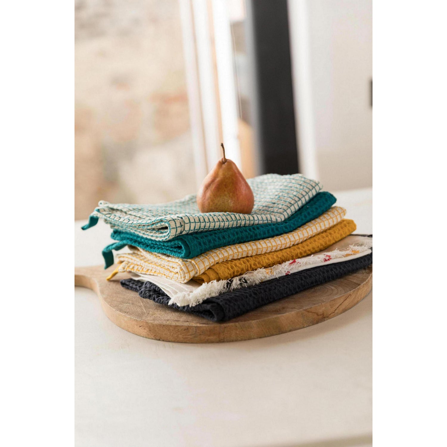 Peacock Blue & White Check Waffle Cotton Tea Towel, 50 x 70 cm