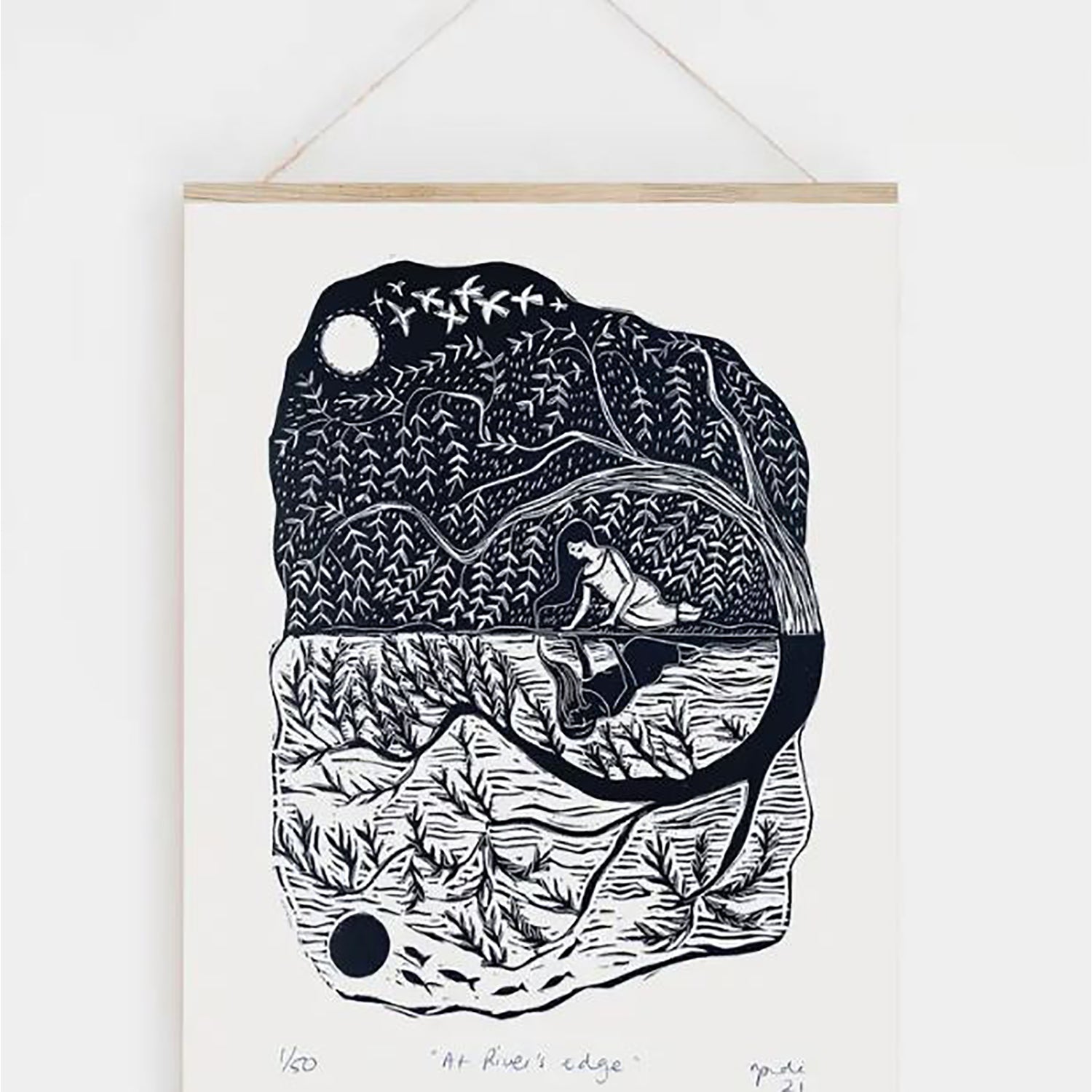 Poster, Prints by the Bay, At Waters Edge, From Lino Print, Moon water, Ink Black, Leaves water reflection