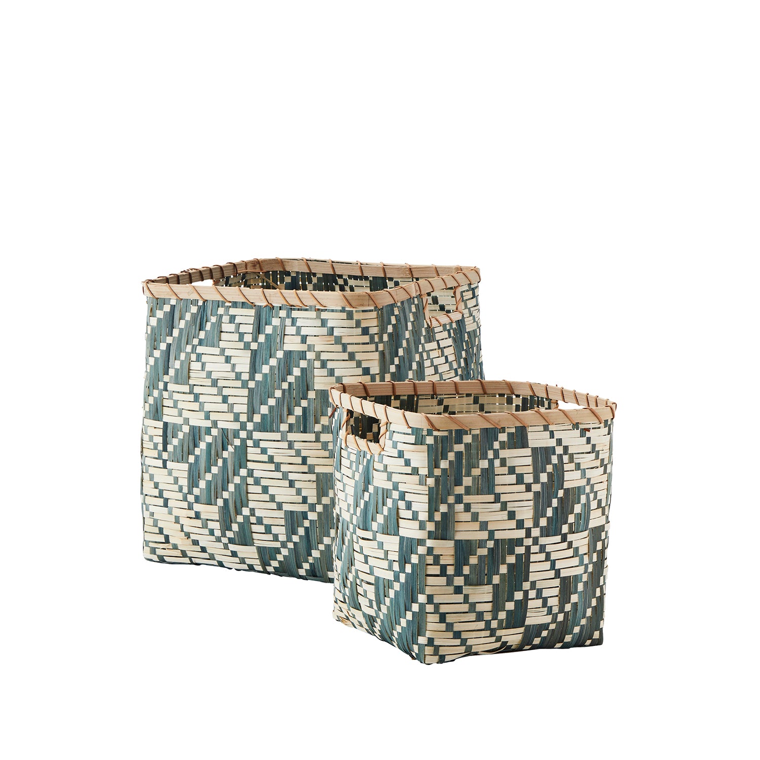 Square Woven Ivy & Natural Bamboo Basket, Grey/Green geometric, Decorative Basket