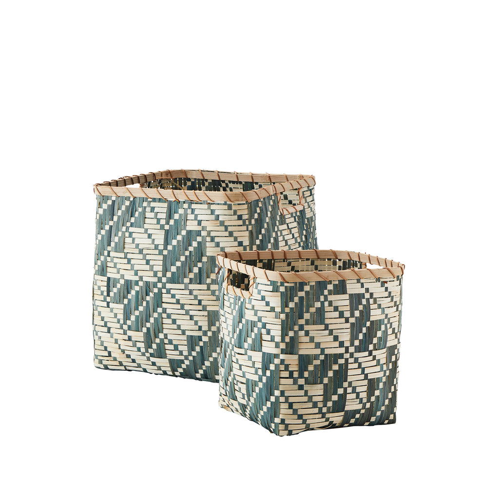 Square Woven Ivy & Natural Bamboo Basket, Grey/Green geometric, Decorative Basket 