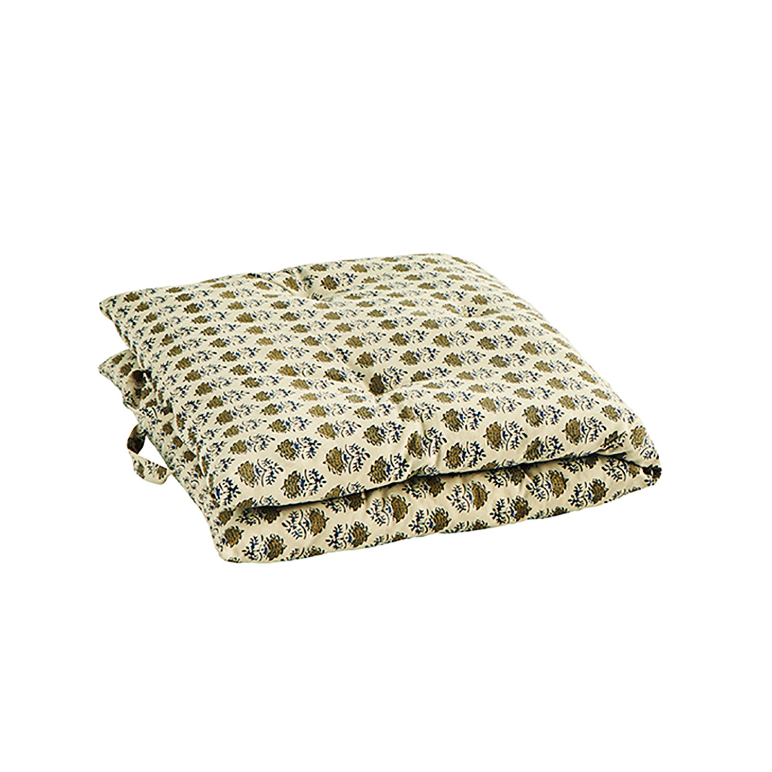 Off white, Green, Blue & Black Floral Block Print Cotton Mattress, 60 x 100 cm