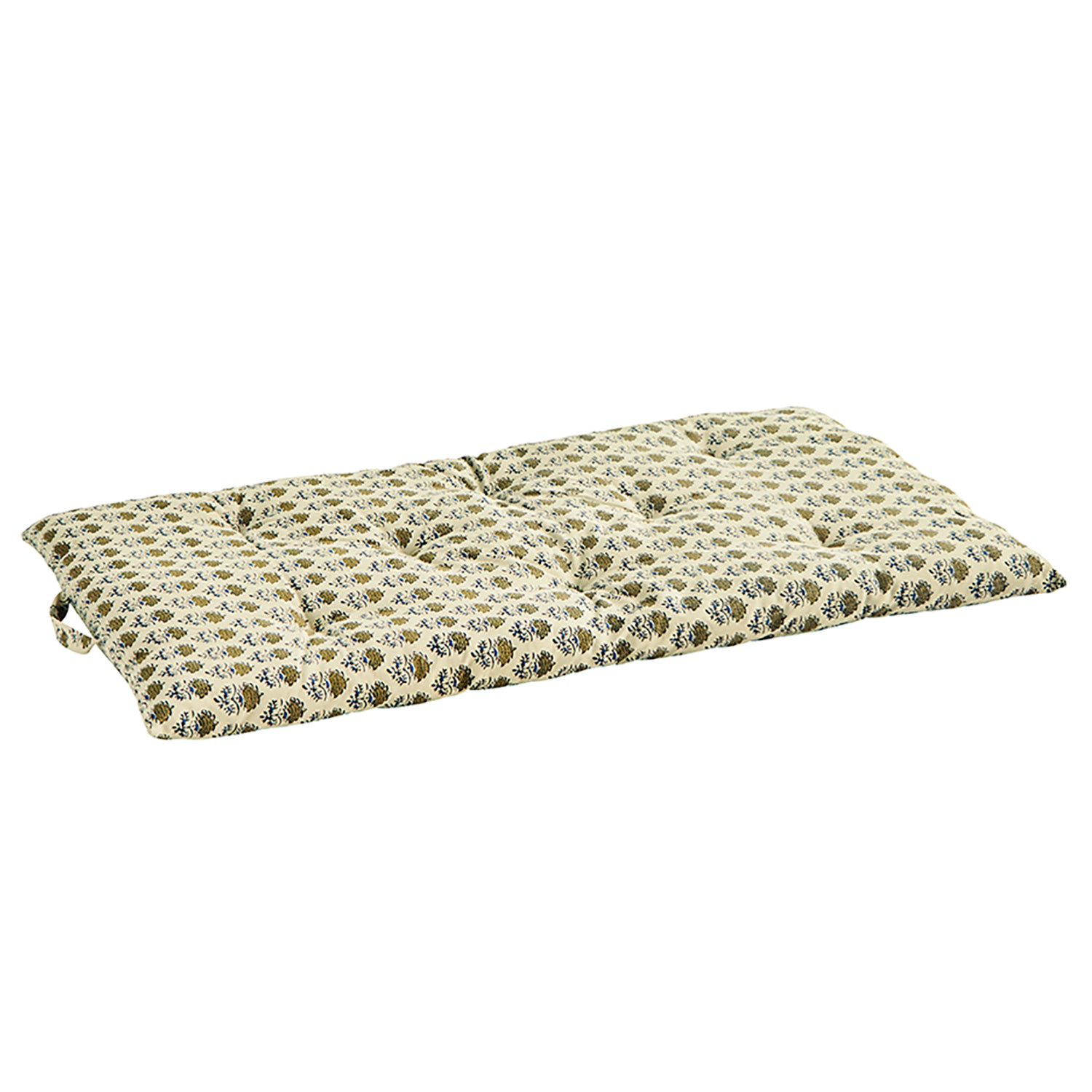 Off white, Green, Blue & Black Floral Block Print Cotton Mattress, 60 x 100 cm