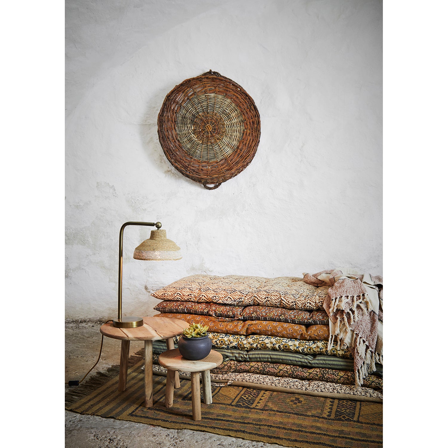 Olive, Sand, Red & Grey Block Printed Floral Cotton Mattress, 70 x 180