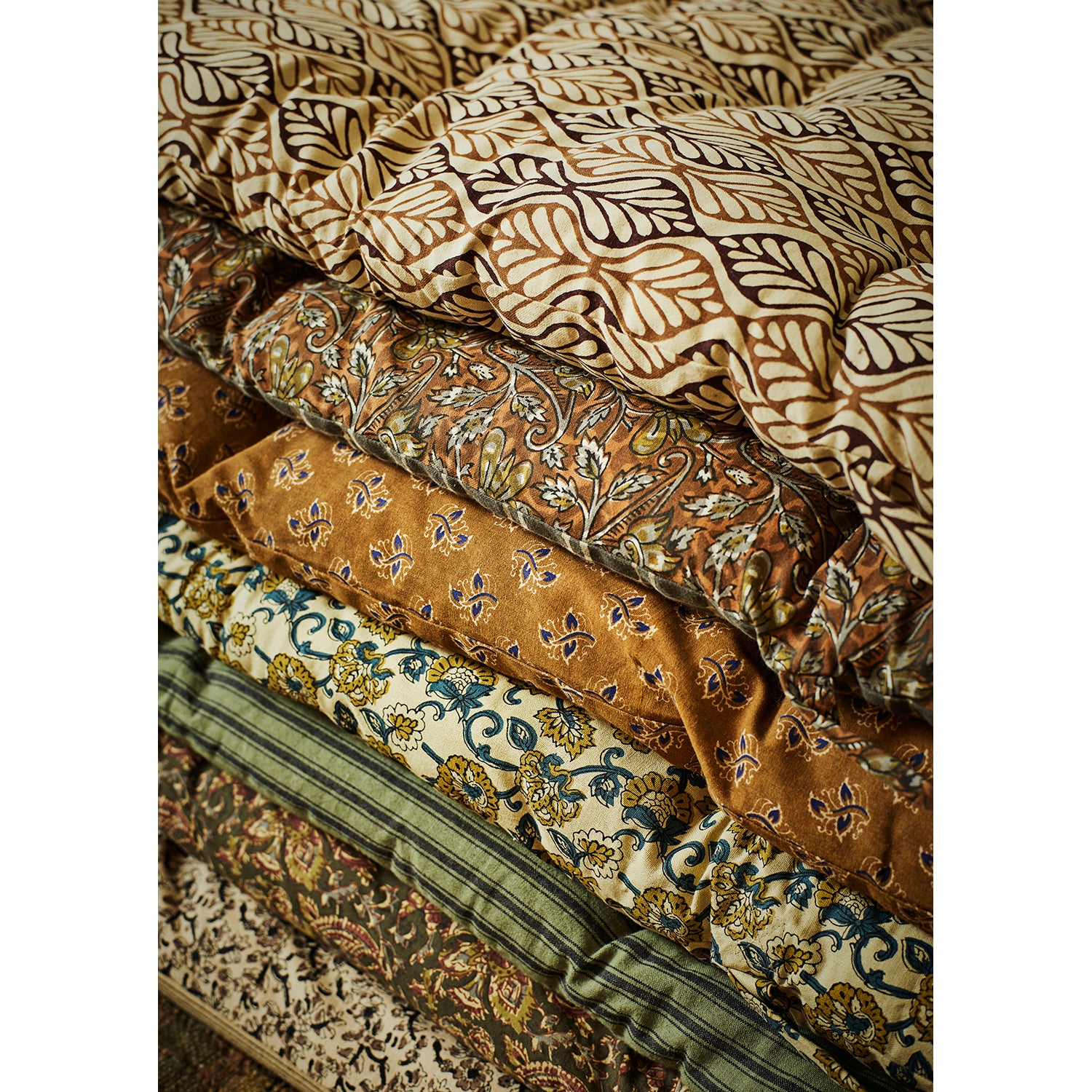 Olive, Sand, Red & Grey Block Printed Floral Cotton Mattress, 70 x 180