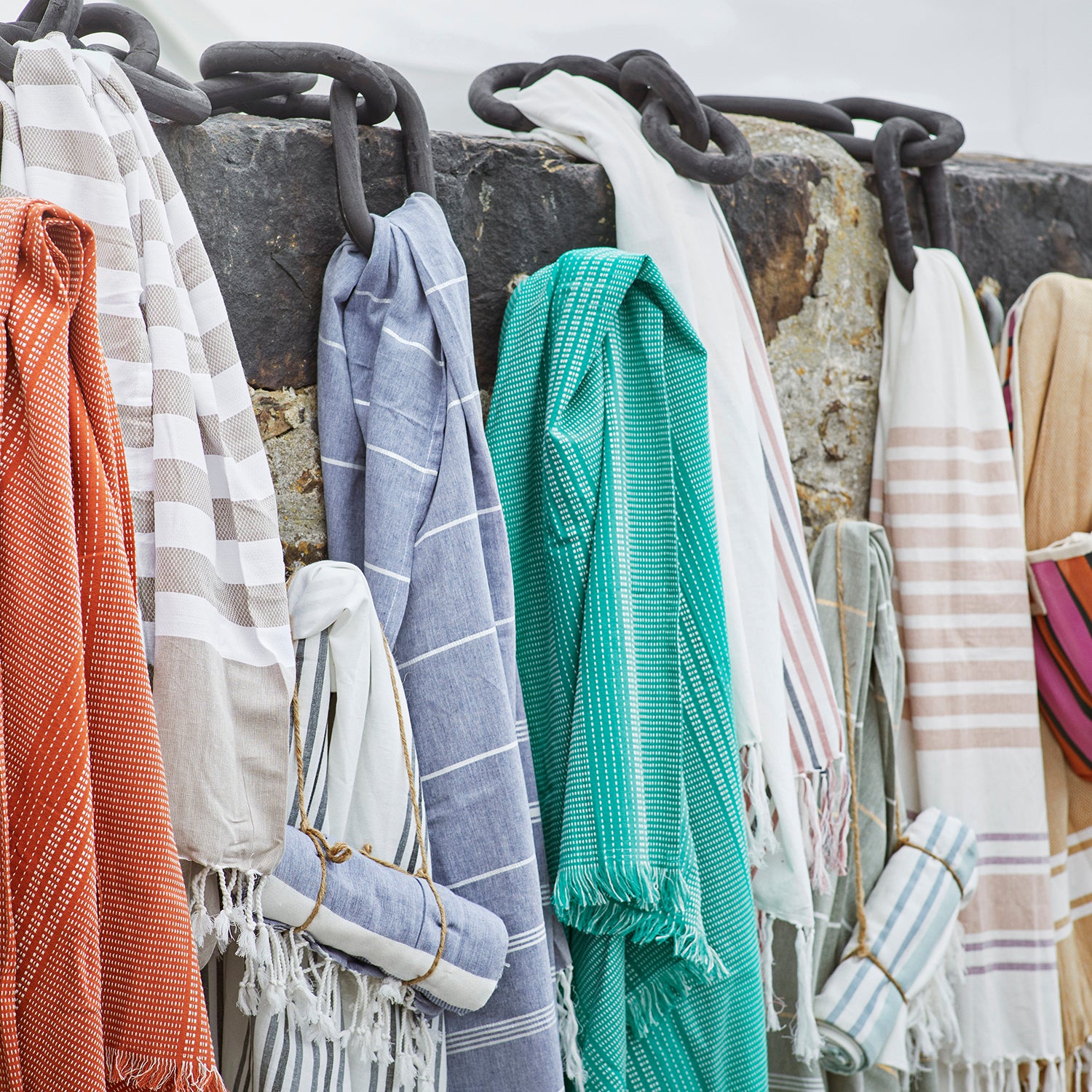 Striped White & Aqua Cotton Hammam Towel, 100x180 cm