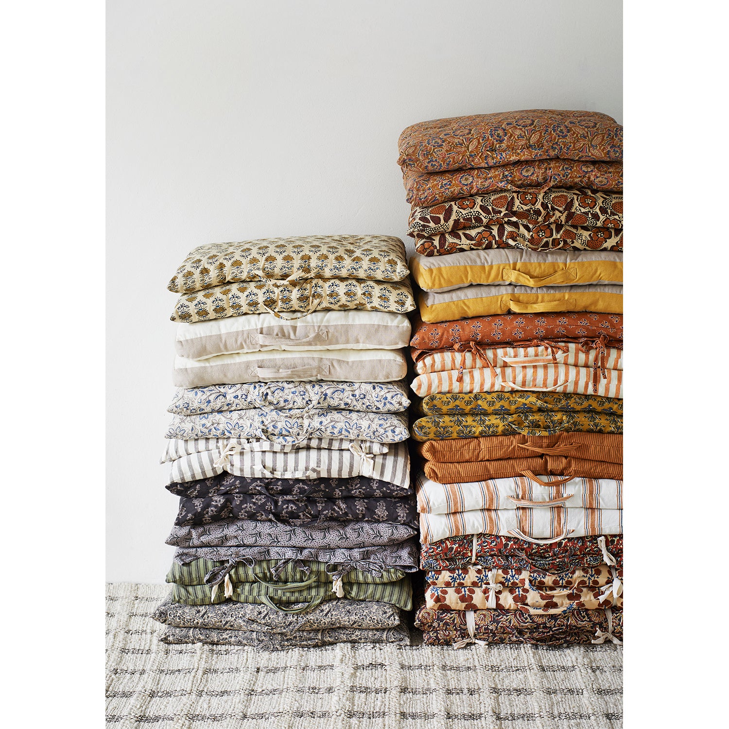 Off white, Green, Blue & Black Floral Block Print Cotton Mattress, 60 x 100 cm