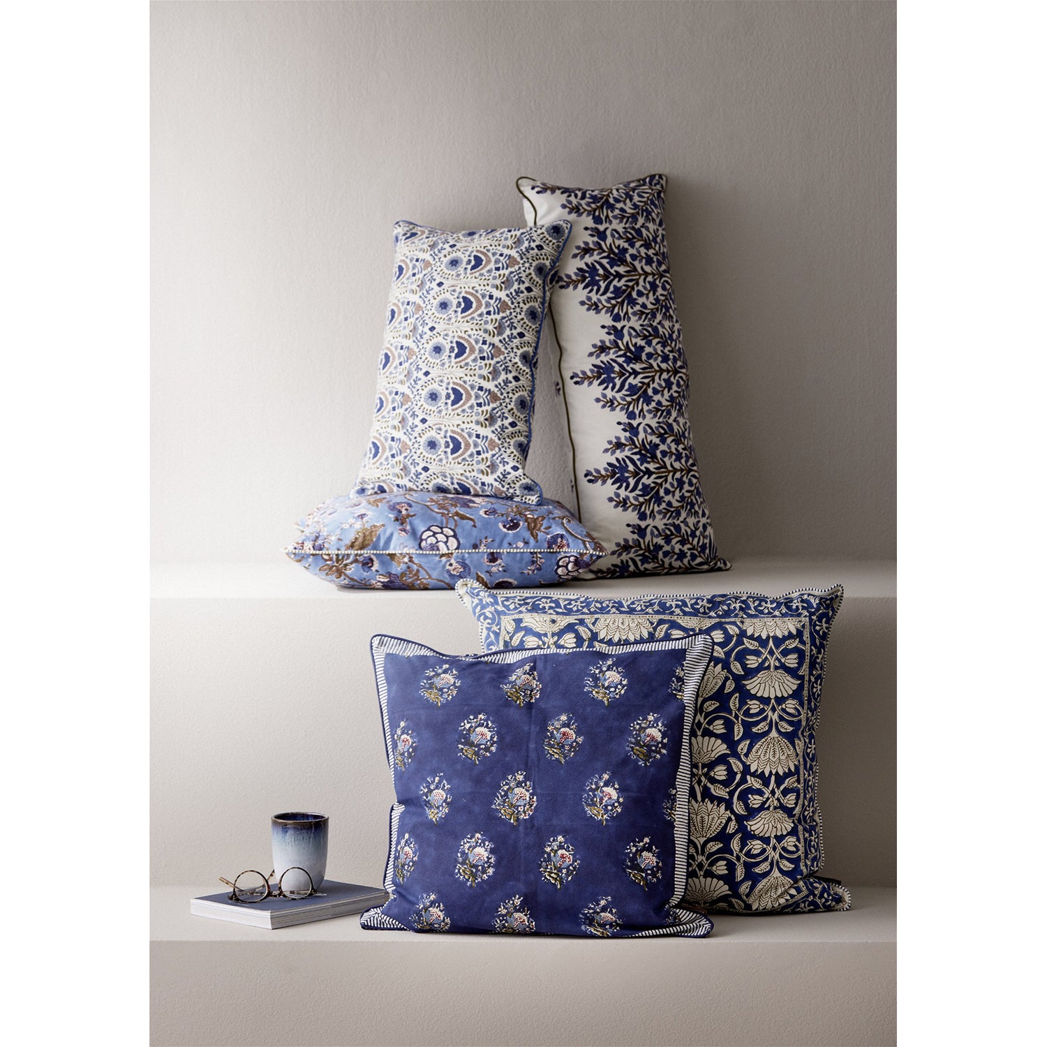 'Jasmine' Indigo & White Floral Cotton Cushion Cover, 30 x 70 cm