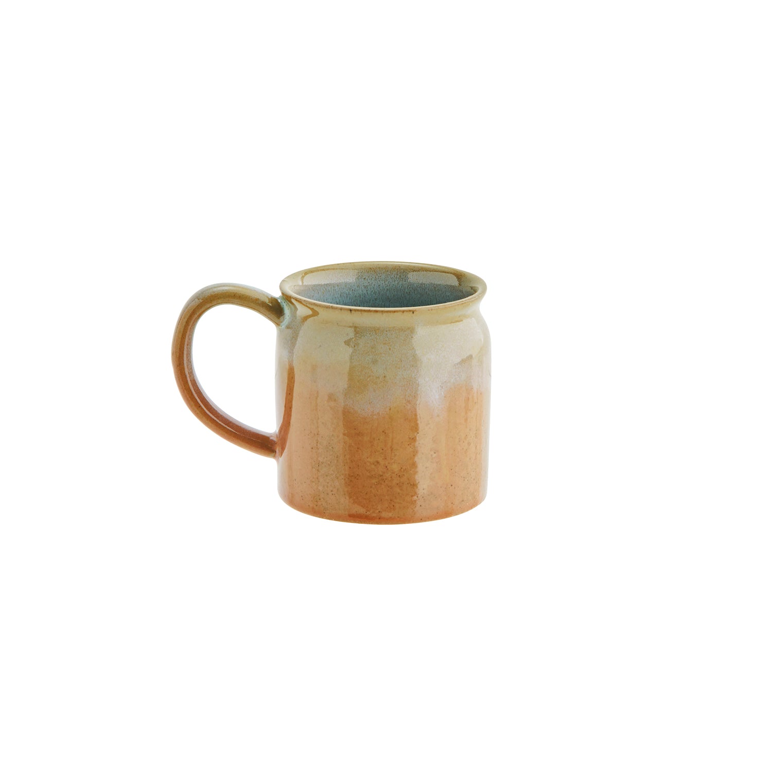 Terracotta and cream coloured mug.