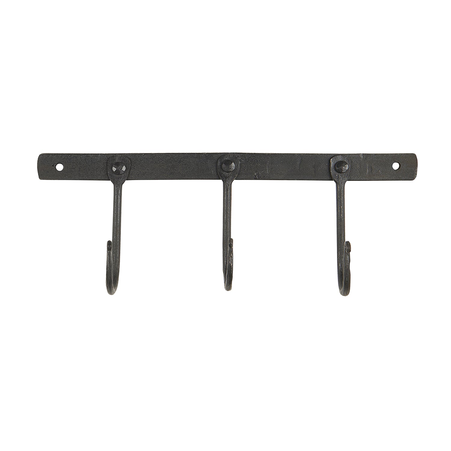 Iron 3 prong hook on a back plate. Black iron hook rail with three hooks. Ib Laursen Hook rail.