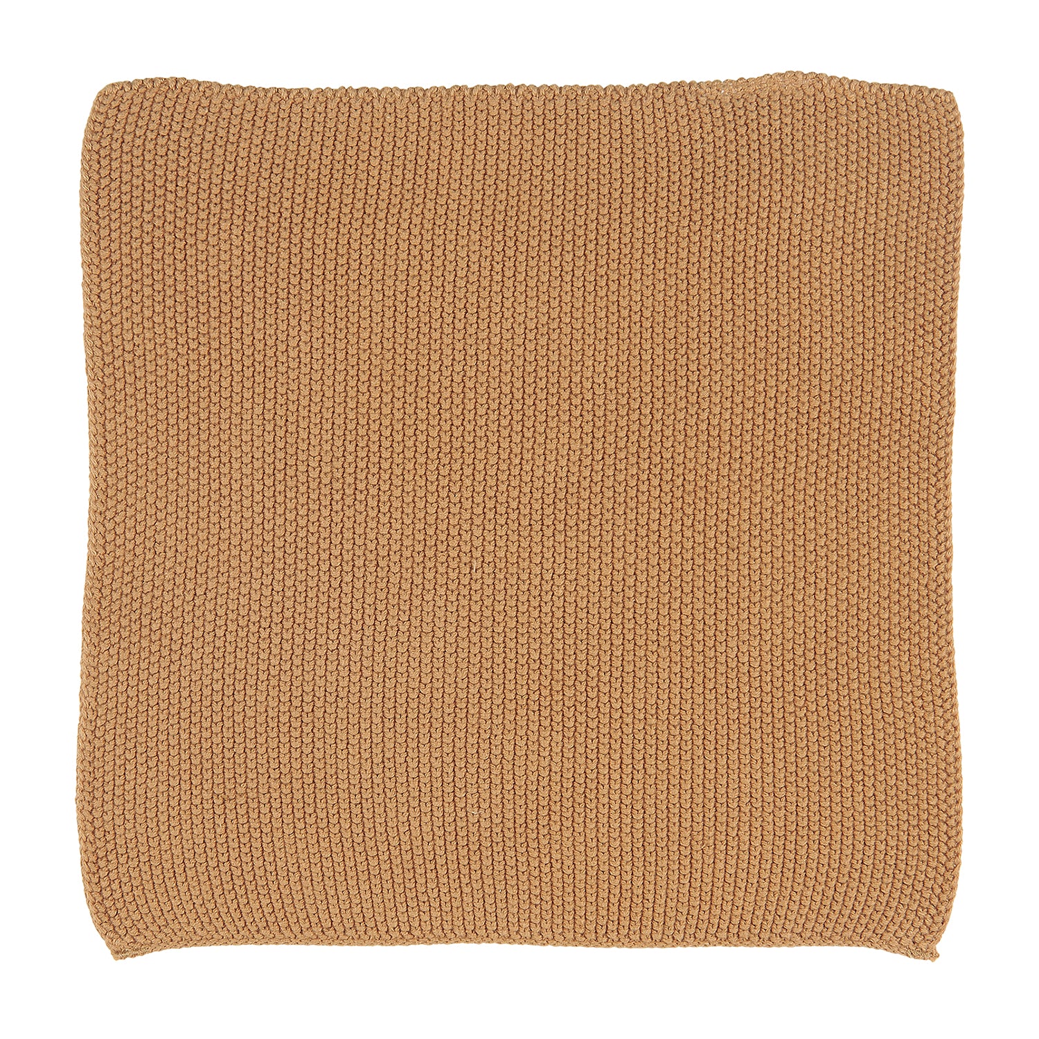 A square knitted cloth in a soft amber orange colour.