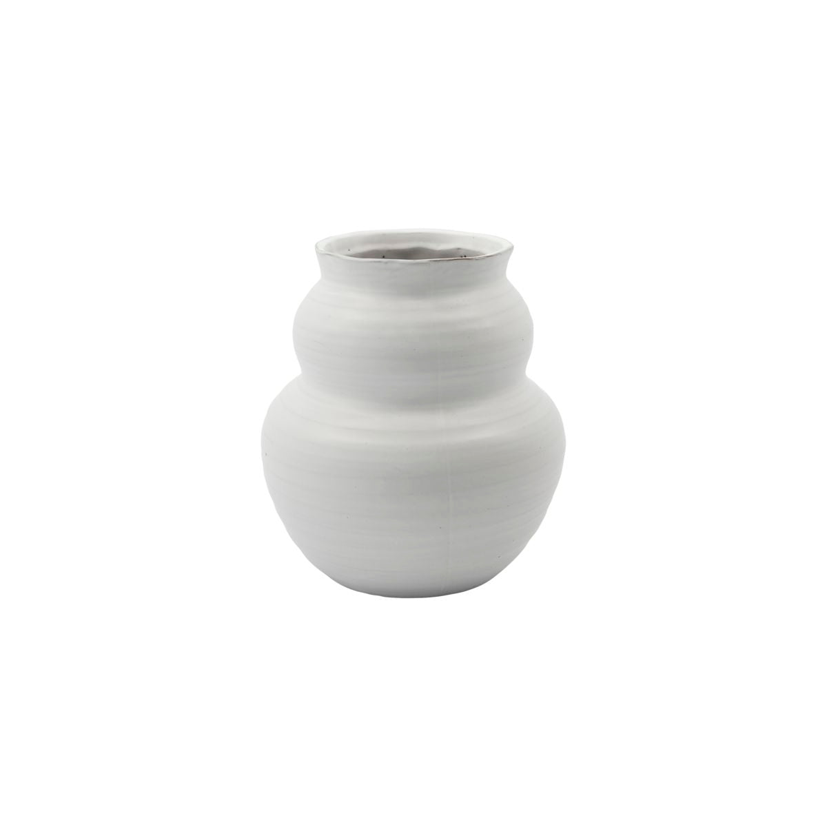 A clay vase glazed in white, with a larger circular base and smaller version of the same shape on top.