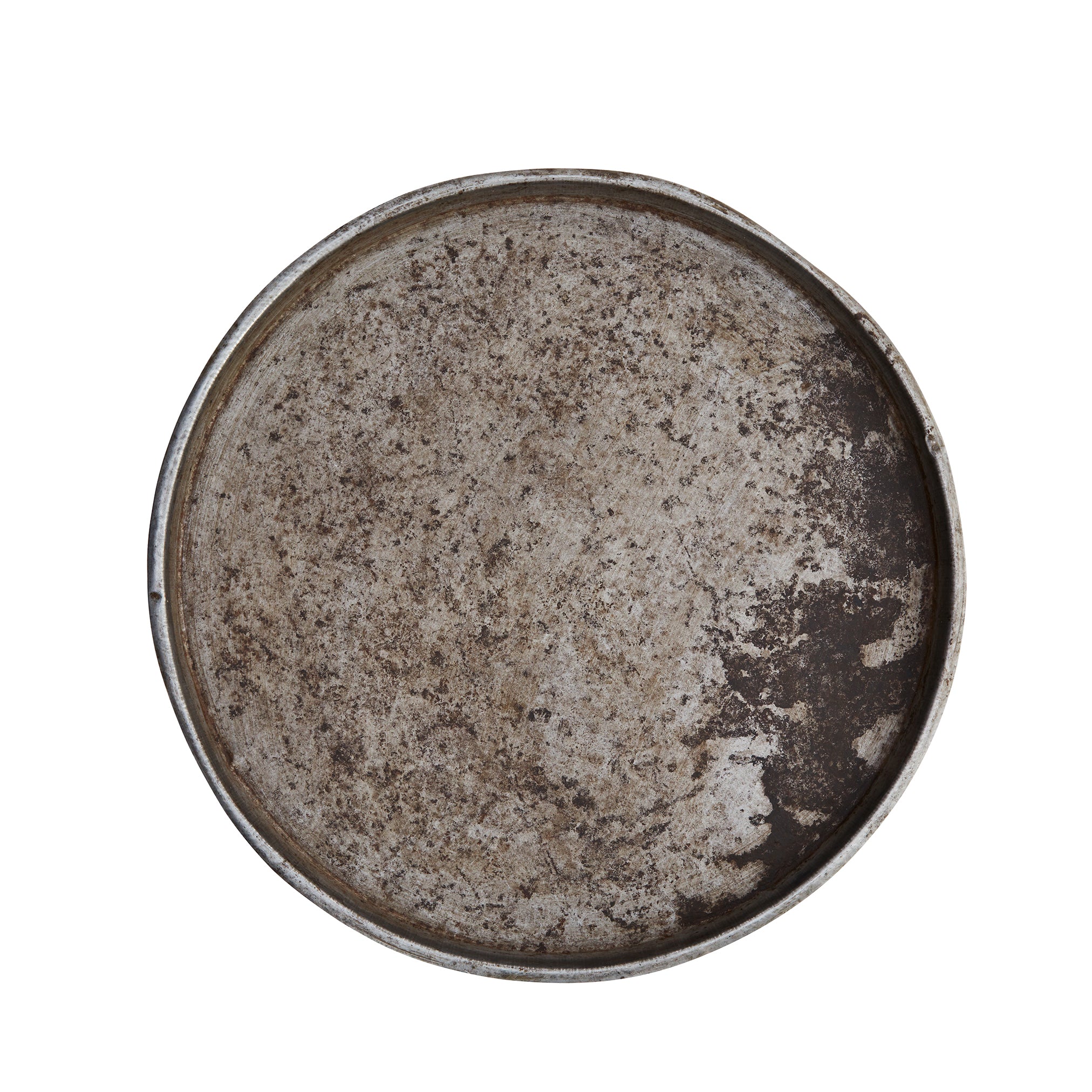 Large recycled metal tray. 50 cm diameter. Silver, grey and black patina. Each one is unique.
