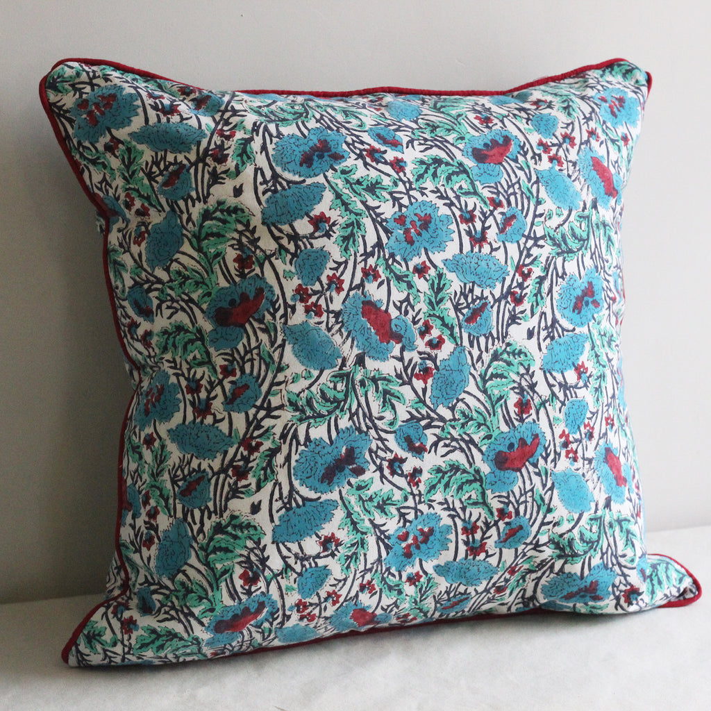 'Cornflower' Blue Block Print Cotton Cushion Cover with Piping, 50 x 50 cm Red piping