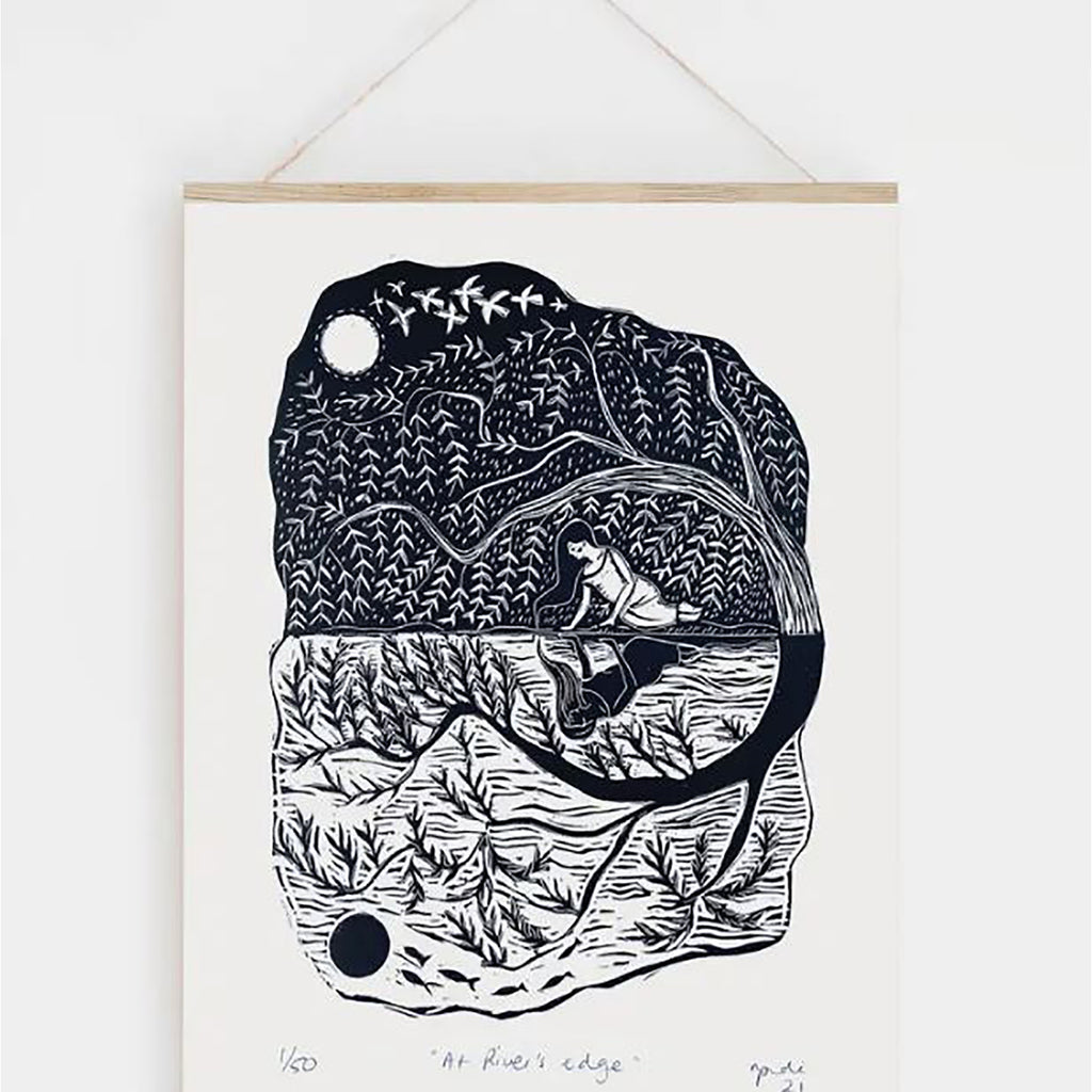 Poster, Prints by the Bay, At Waters Edge, From Lino Print, Moon water, Ink Black, Leaves water reflection 