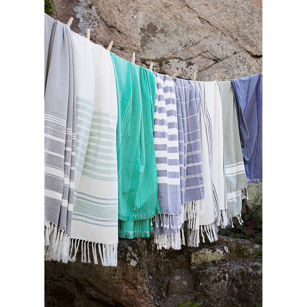 Striped White & Aqua Cotton Hammam Towel, 100x180 cm