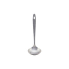 A steel soup ladle with a hole at the top of the handle to hang it up.