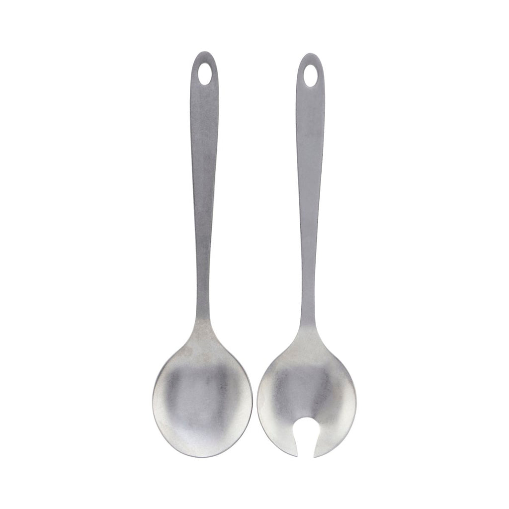 A set of two stainless steel salad servers; one a rounded spoon and one with a semi circle cut out in the spoon, to better grip the salad when serving.