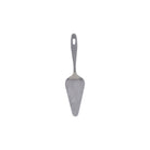 A stainless steel cake server with a hole in the top of the handle for hanging up after use.