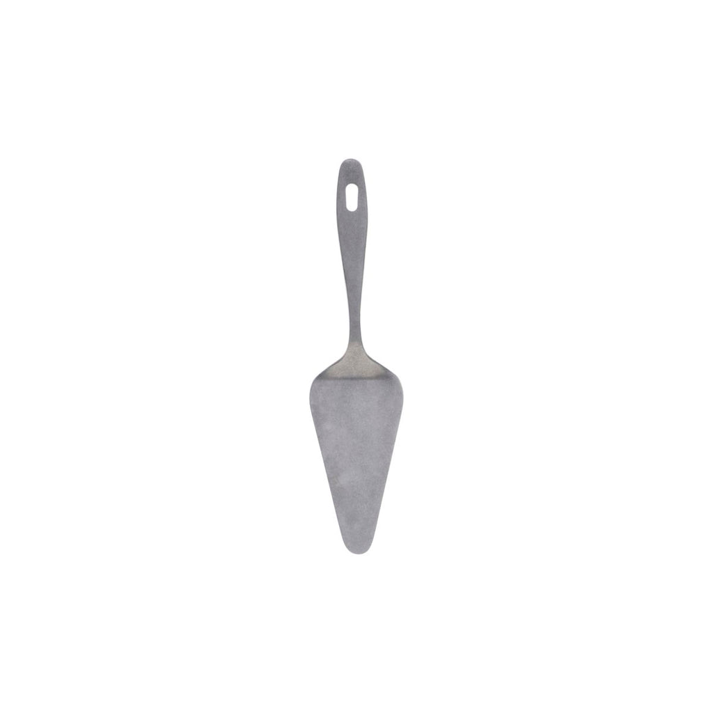 A stainless steel cake server with a hole in the top of the handle for hanging up after use.