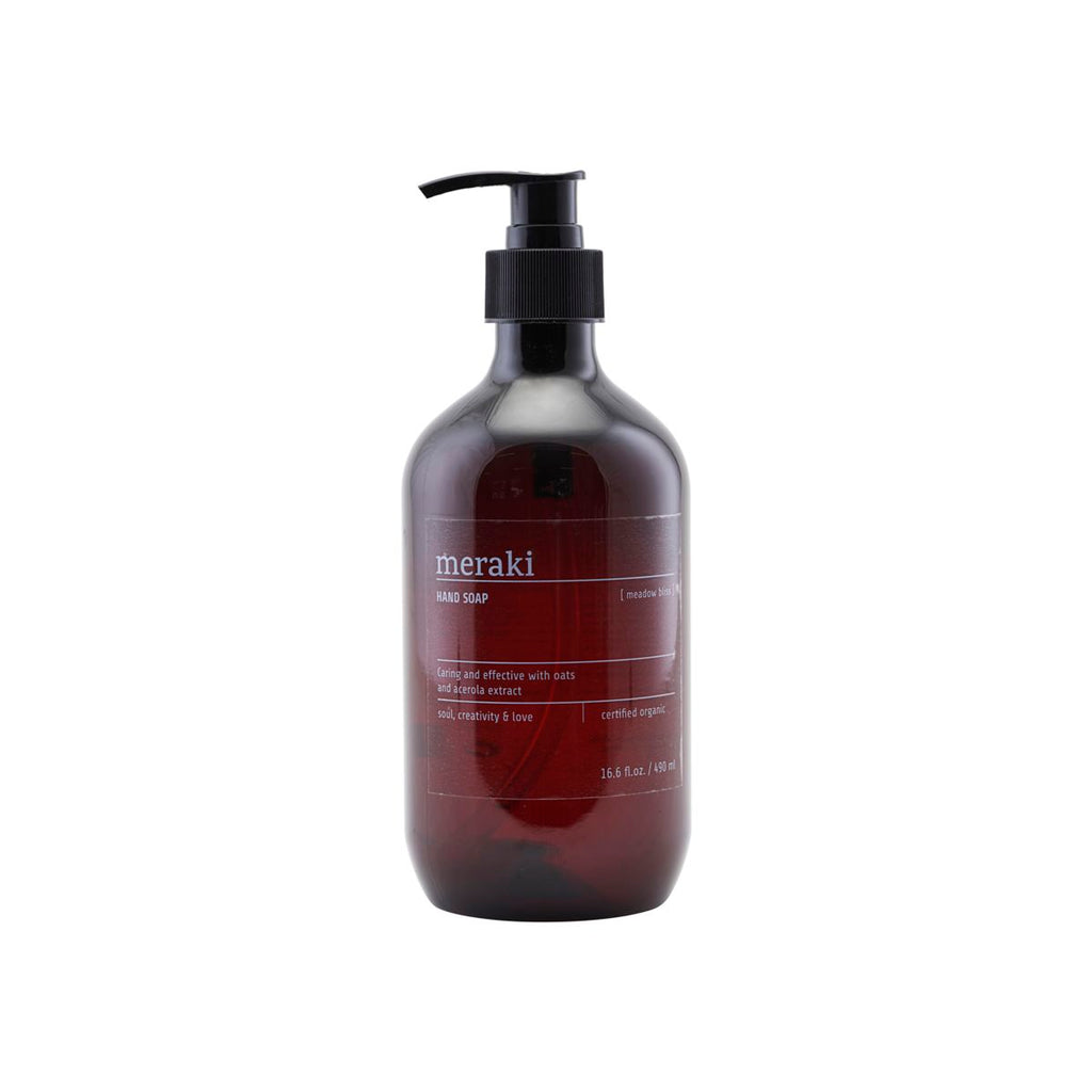 Meraki Meadow Bliss Hand soap in a brown bottle with pump. Various notes of bitter citrus fruit, different woody notes, verbena and tea. 490ml