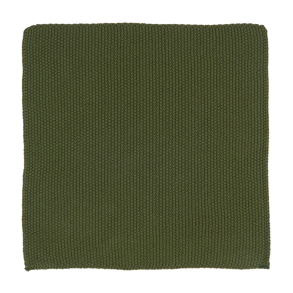 A square knitted cloth in a dark forest green colour.