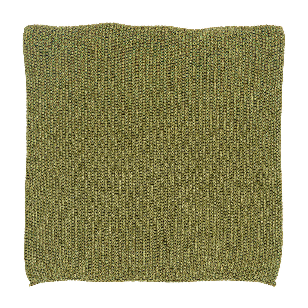 A square knitted cloth in a leaf green colour.