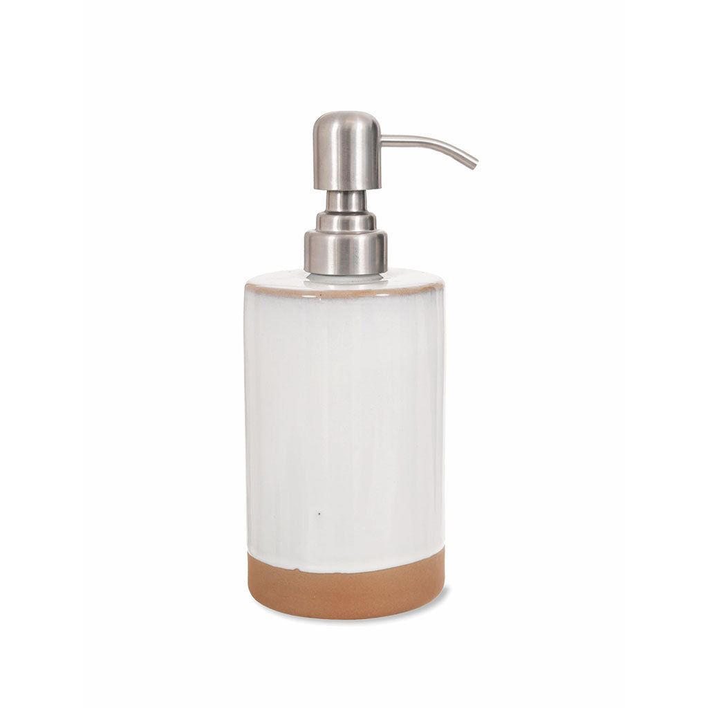 A soap dispenser with a silver metal pump, attached to a part glazed ceramic pot in Off-white with a sandy ceramic base. 