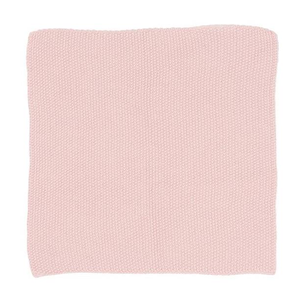 A square knitted cloth in a soft rose pink.
