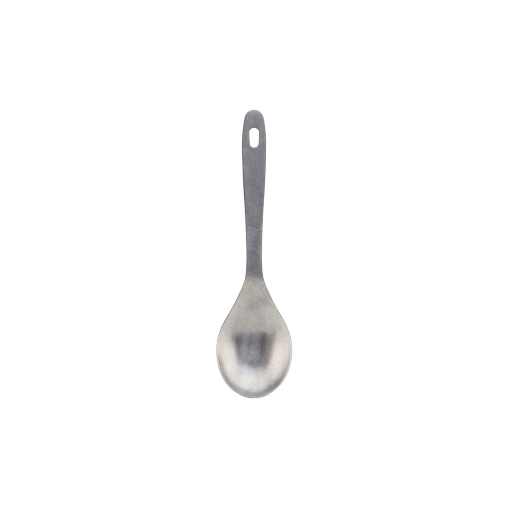 A stainless steel serving spoon, rounded with a long handle and a hole in the end of the handle to hang up the spoon on a hook.