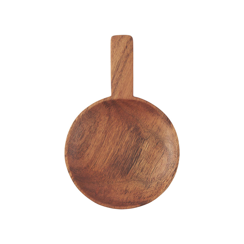 a round wooden dish made from a deep amber acacia wood, with a short handle.