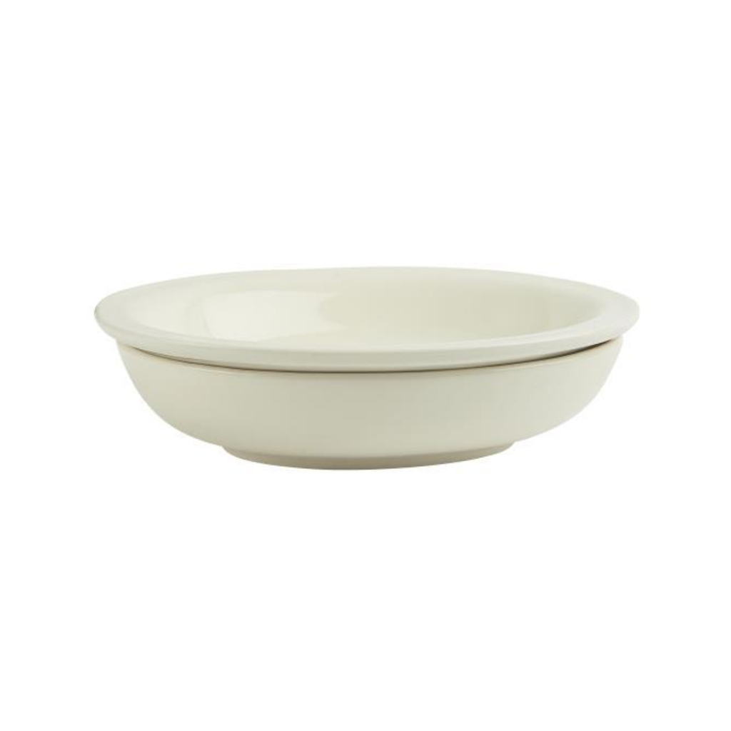 Two part ceramic soap dish. Oval shaped and cream coloured. The top part lifts out and has holes that let water drain. IB Laursen.
