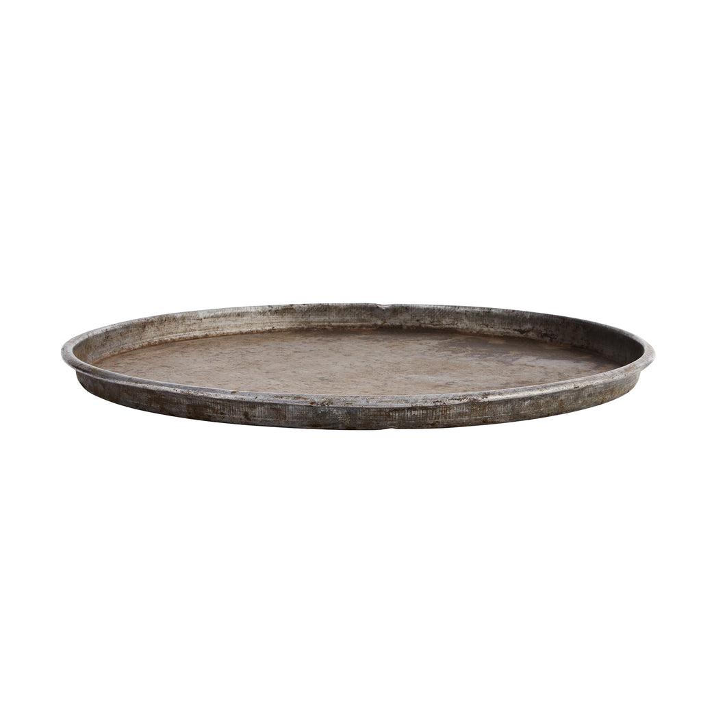 Large recycled metal tray. 50 cm diameter.  Silver, grey and black patina. Each one is unique.