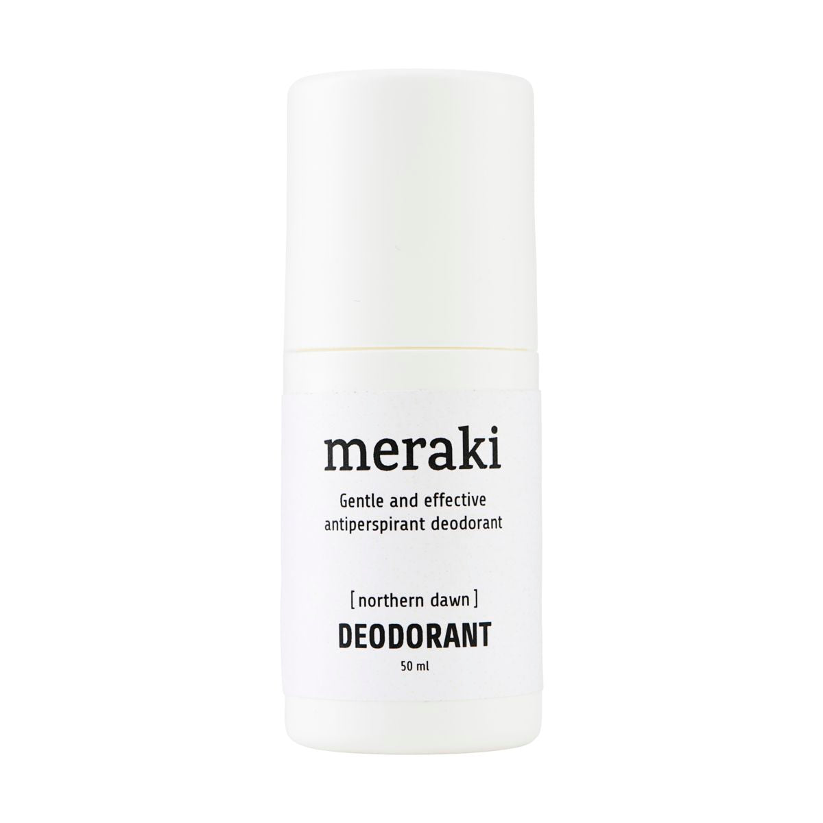 White bottle with lid and black text 'Meraki gentle and effective antiperspirant deodorant [northern dawn] Deodorant 50ml' 