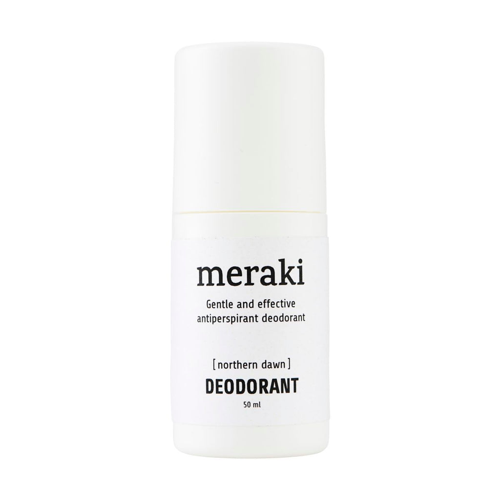 White bottle with lid and black text 'Meraki gentle and effective antiperspirant deodorant [northern dawn] Deodorant 50ml' 